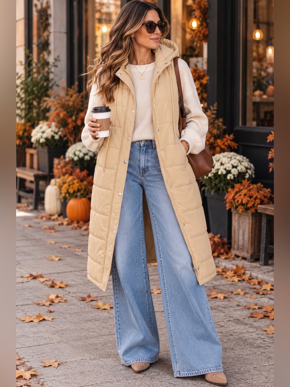 ShopEvelynne Beige Long Quilted Hooded Vest